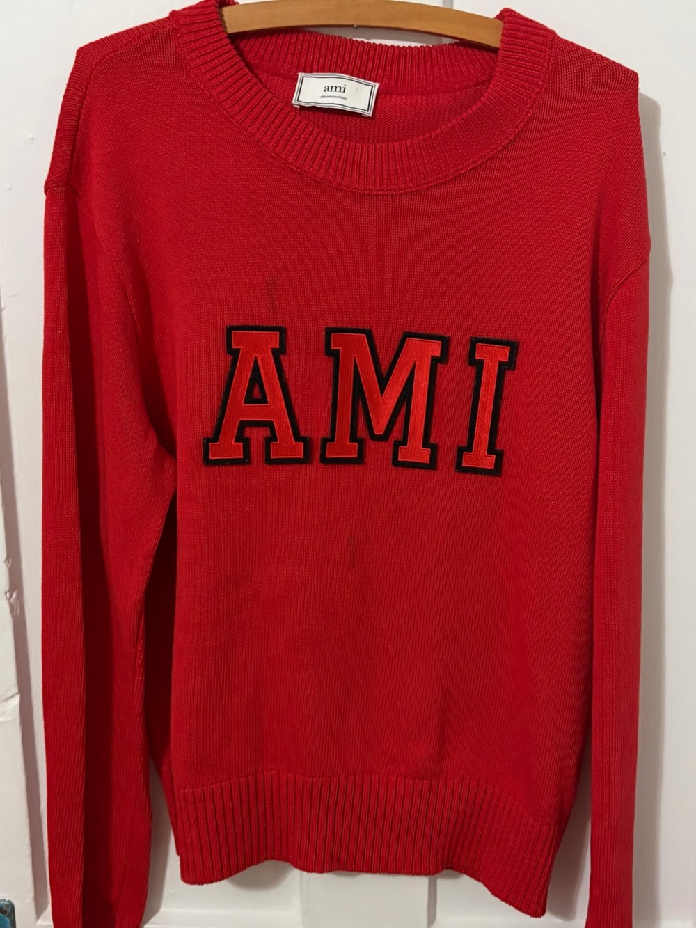 AMI Red Crewneck Sweater with Logo cotton